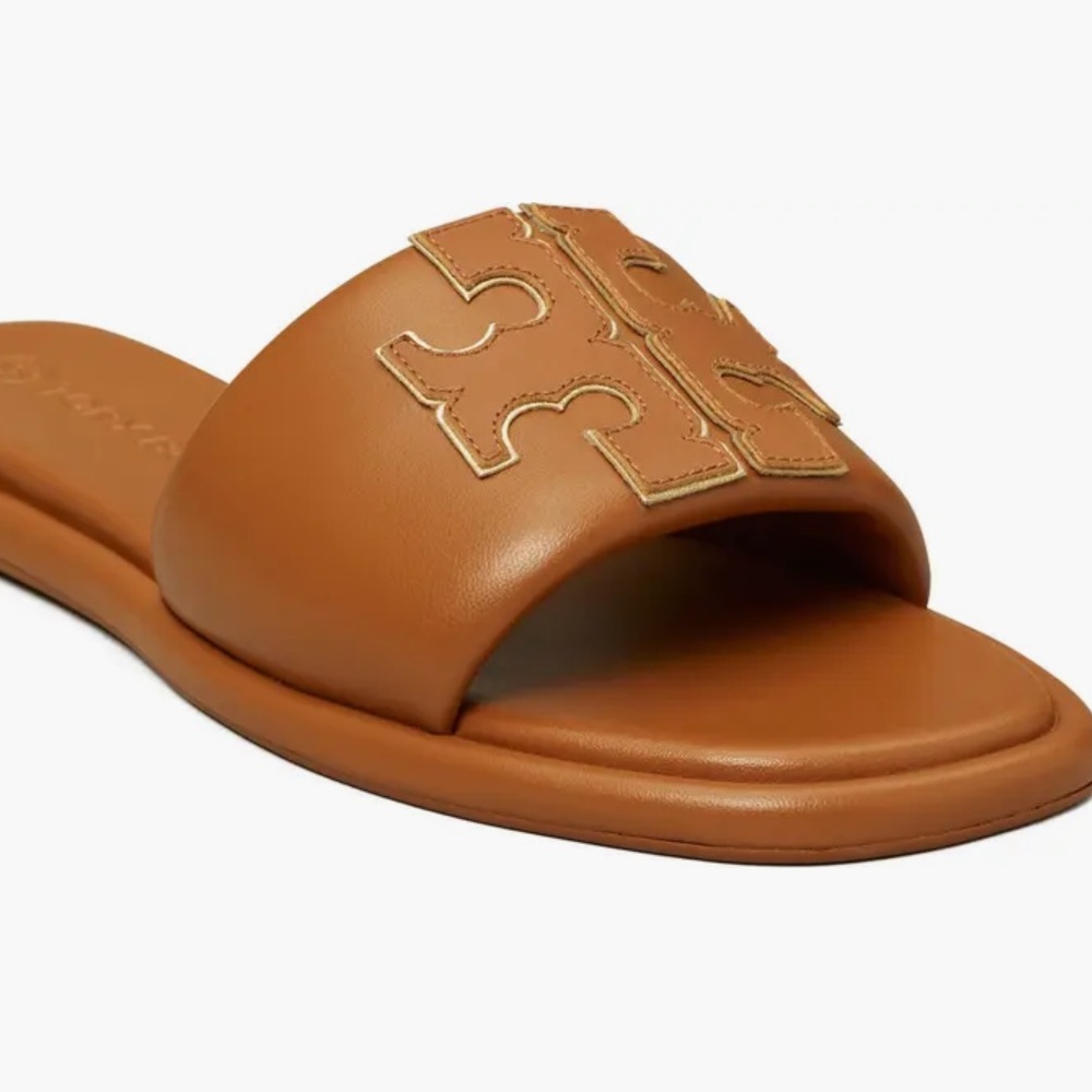 Tory Burch Double-T Leather Sport Slides Sandals Bourbon Miele Gold Logo